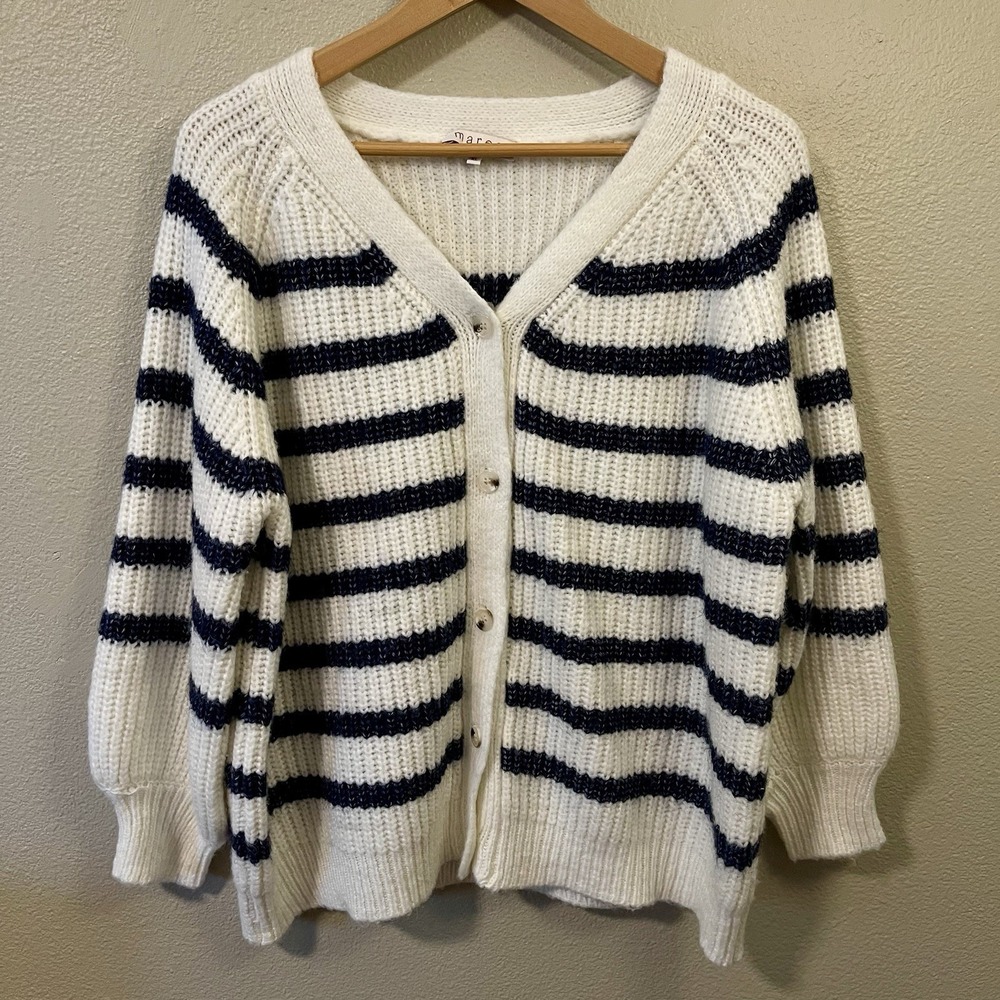 Marea Knit V Neck Cardigan‎ Striped Ivory Navy Chunky Nordic Cabin Size XL